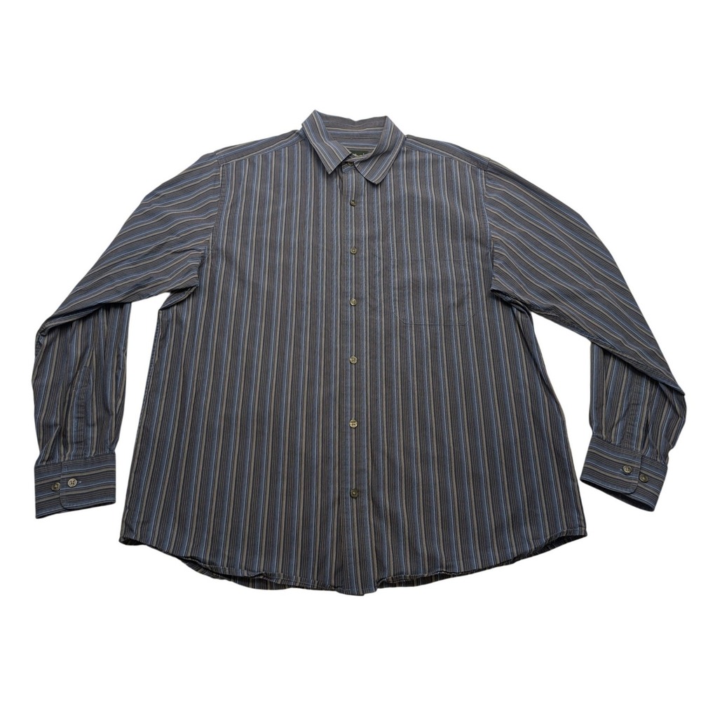 Eddie Bauer Button Down Shirt Mens Large Blue Tan Striped Classic Fit Cotton